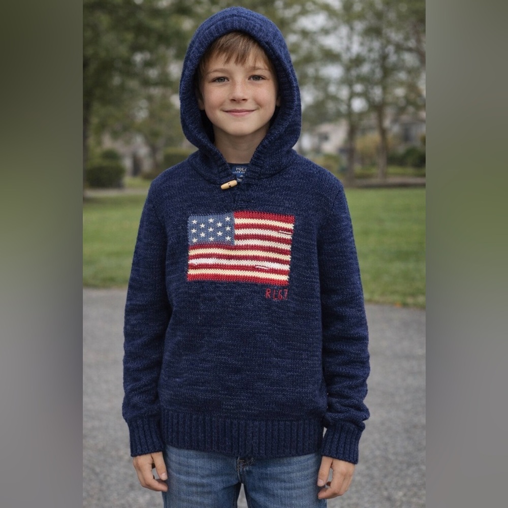 Boys Ralph Lauren Iconic Knit American Flag Preppy Hooded Sweater Sz M (10-12)